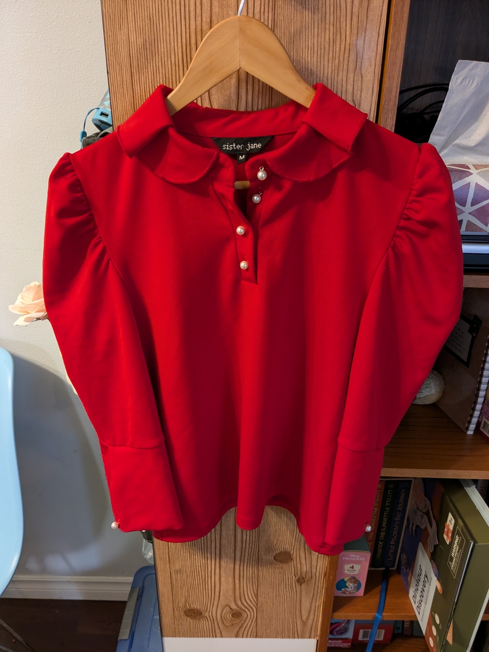 Sister Jane Red Puff-Sleeve Pearl Placket Blouse